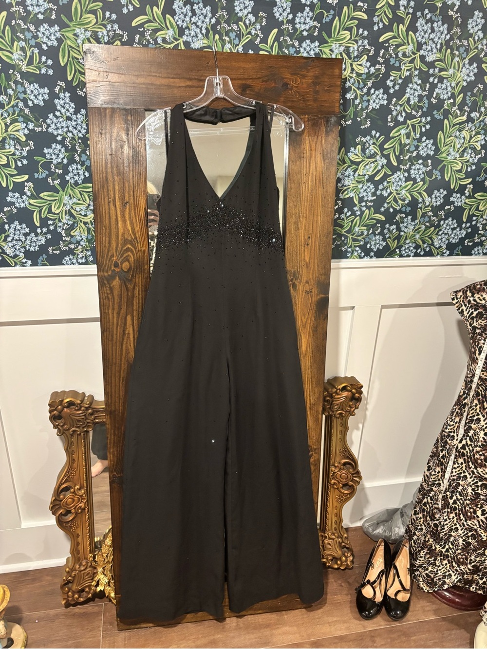 90s Vintage Cache Wide Leg Palazzo Pant Halter Hand Beaded Black Jumpsuit Size 6
